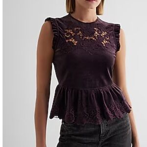 Express Women Velvet Crew Neck Lace Embroidered‎ Peplum Top Sz XS Purple NWT